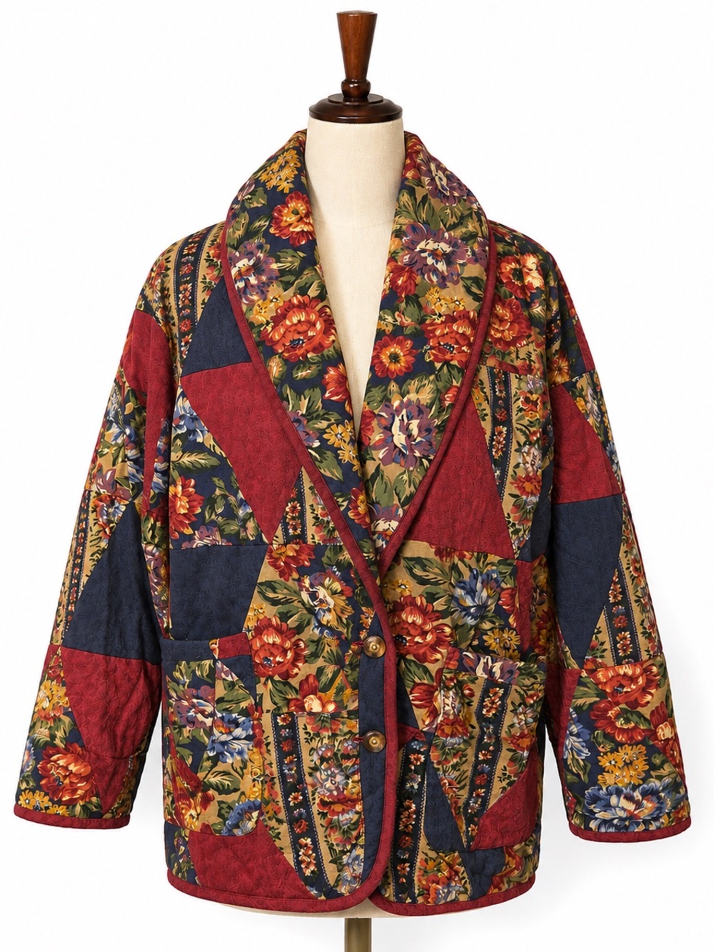 Vintage Cottagecore patchwork floral & solid puffer jacket coat. Small-Large